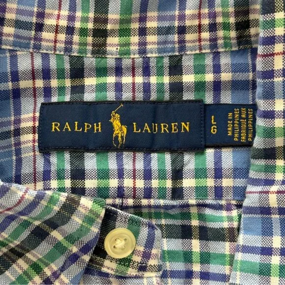 Ralph Lauren Mens Oxford Shirt Button-Up Plaid Long Sleeve Blue Green Size L - Picture 2 of 5